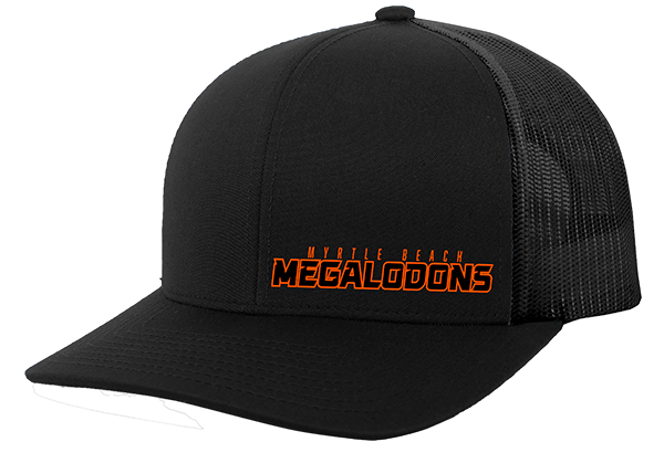Black trucker cap with orange text on a white background