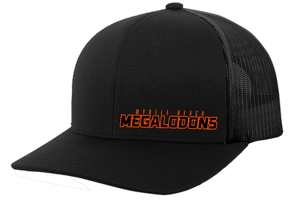 Black trucker cap with orange text on a white background