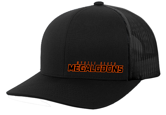 Black trucker cap with orange text on a white background