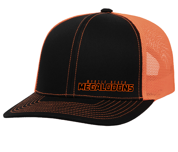 Black and orange cap with 'Megalodons' text on a white background