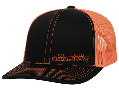 Black and orange cap with 'Megalodons' text on a white background