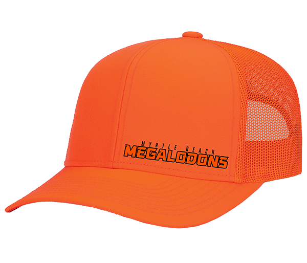 Orange cap with mesh back and 'Megalodons' logo on a white background