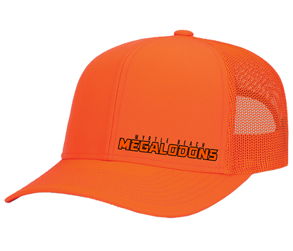 Orange cap with mesh back and 'Megalodons' logo on a white background