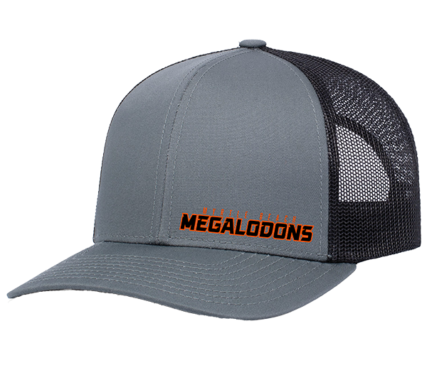 Gray and black cap with 'Megalodons' logo on a white background