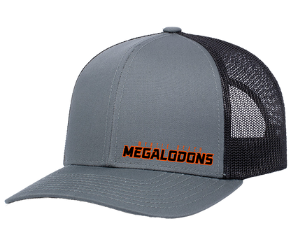 Gray and black cap with 'Megalodons' logo on a white background